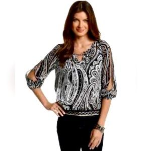 WHBM - Pullover Silky Blouse With Chain Paisley Print.  Has 3/4 Split Sleeves